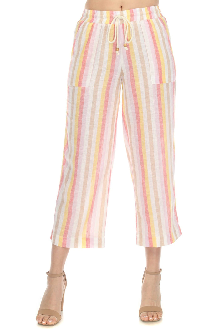 Pantalones Capri con Cordón de Lino y Estampado de Raya Diplomática