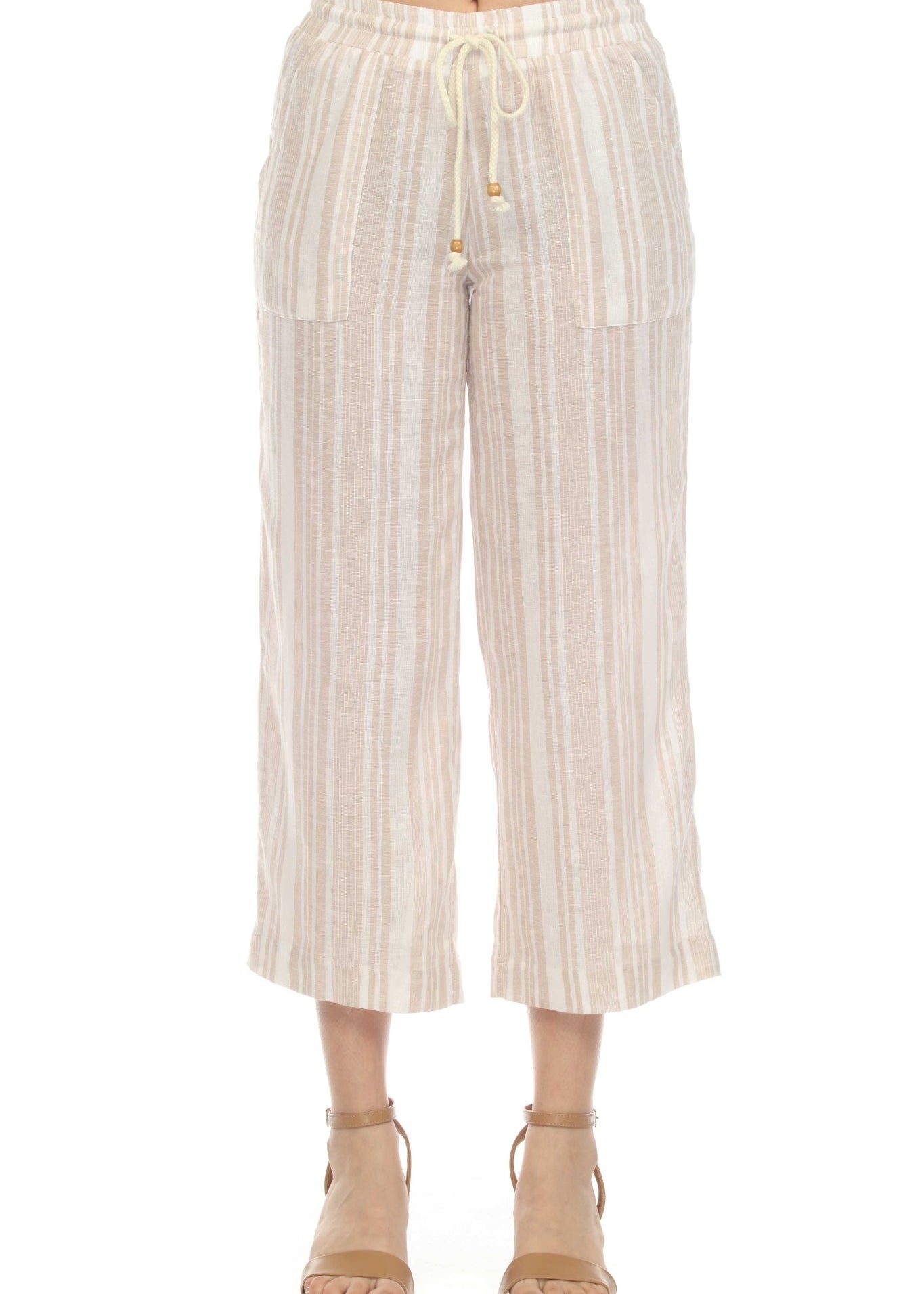 Women's Casual Beach Resort Wear Capri Pants Pinstripe Print with Drawstring Waist Linen Blend