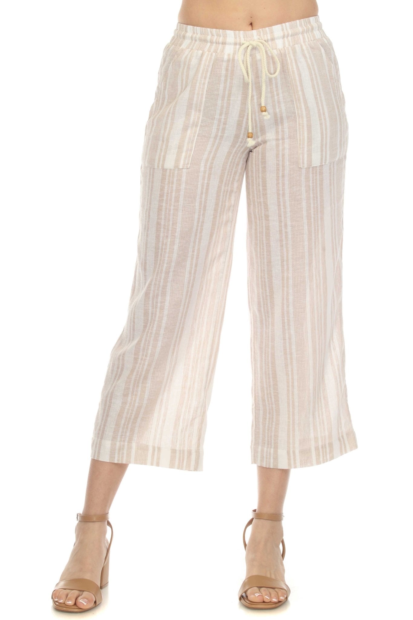 coconut row palm beach capris Women's Casual Beach Resort Wear Capri Pants Pinstripe Print with Drawstring Waist Linen Blend