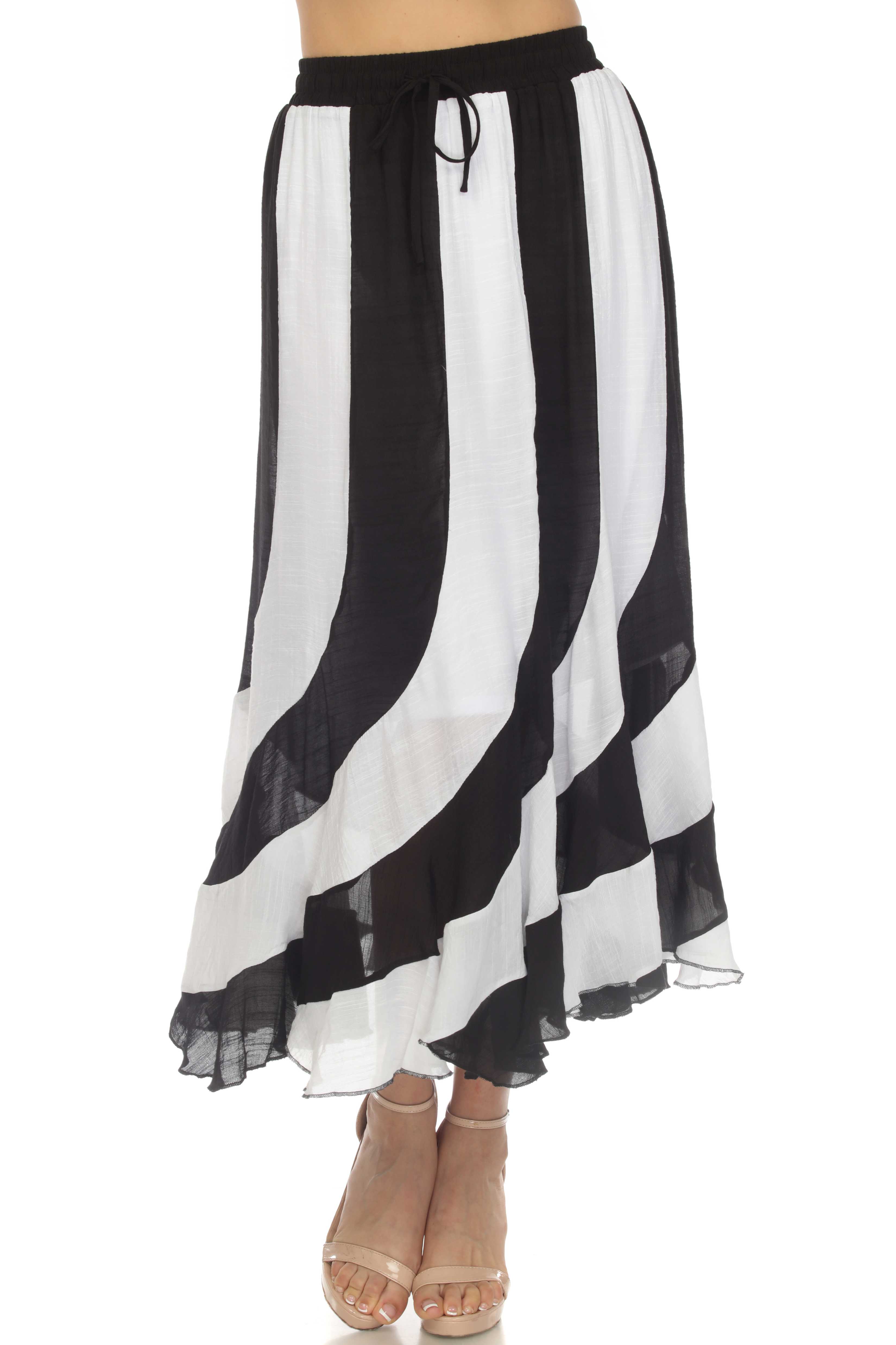 Falda larga bohemia de rayas blancas y negras con cordón ajustable en la cintura para mujer