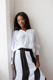Mojito Women's Casual Resort Wear White Striped Boho Maxi Skirt with Drawstring Waist