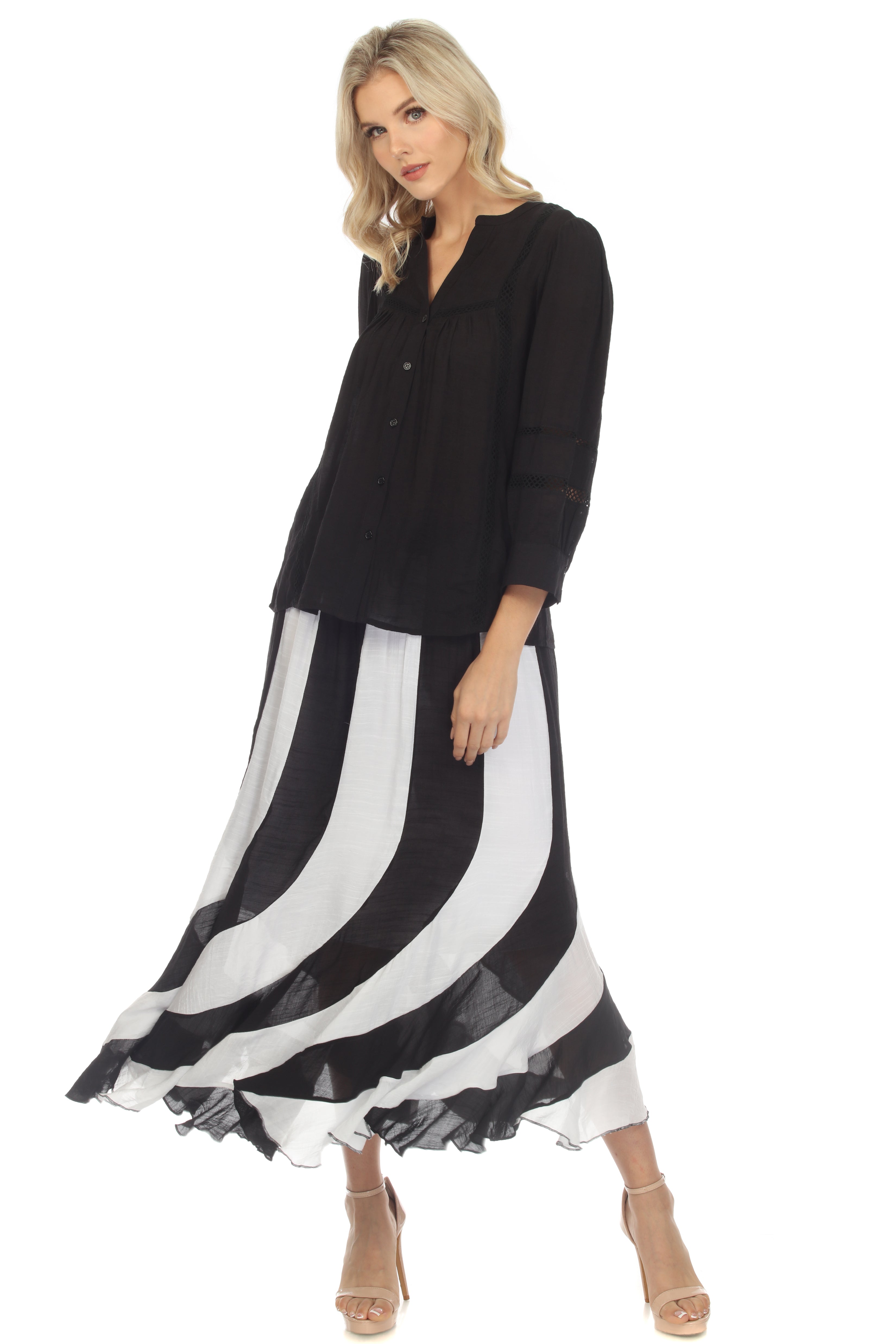 Falda larga bohemia de rayas blancas y negras con cordón ajustable en la cintura para mujer