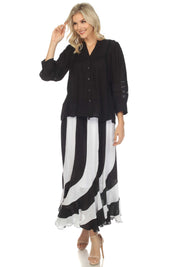 Falda larga bohemia de rayas blancas y negras con cordón ajustable en la cintura para mujer