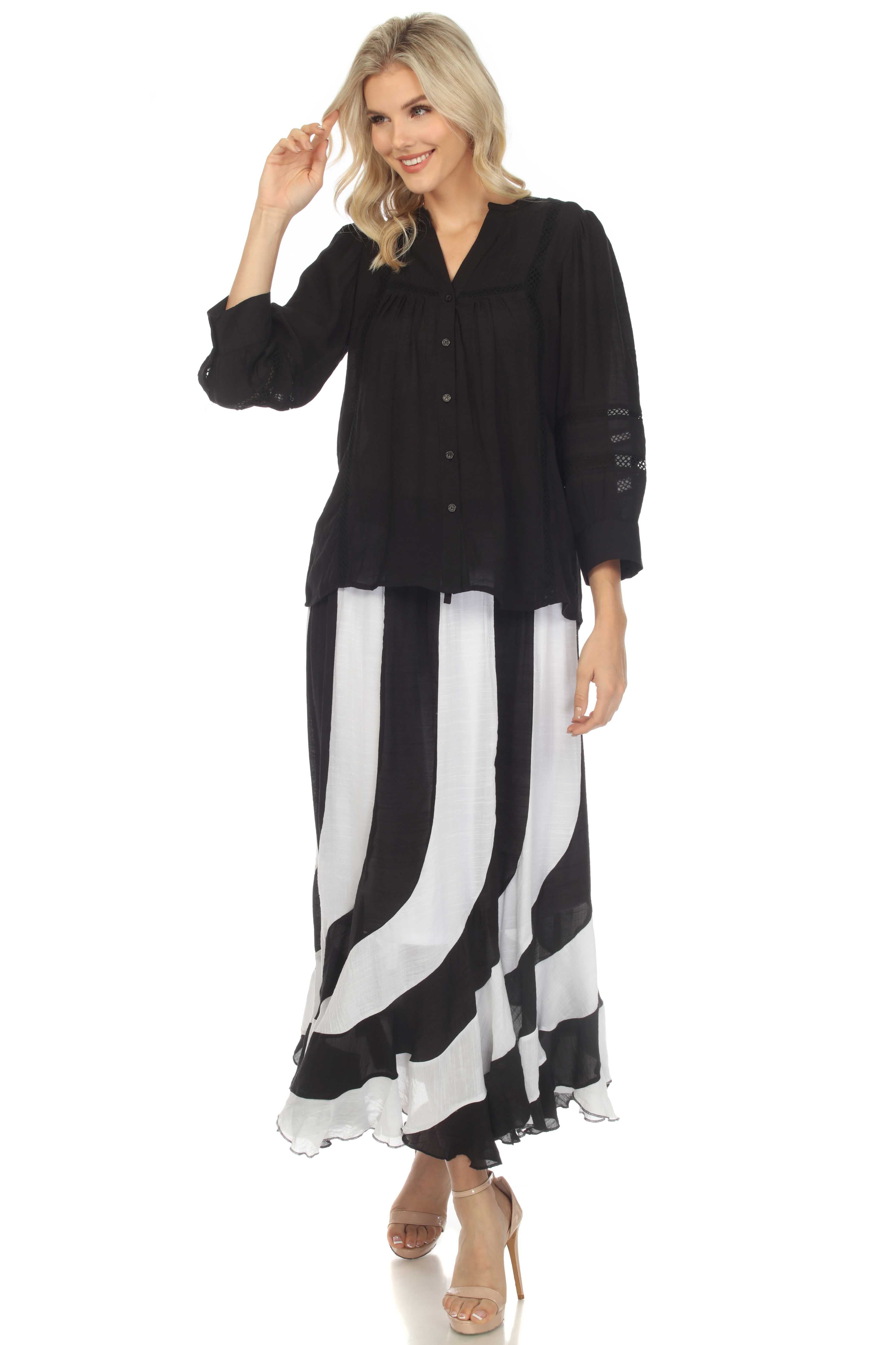 Falda larga bohemia de rayas blancas y negras con cordón ajustable en la cintura para mujer