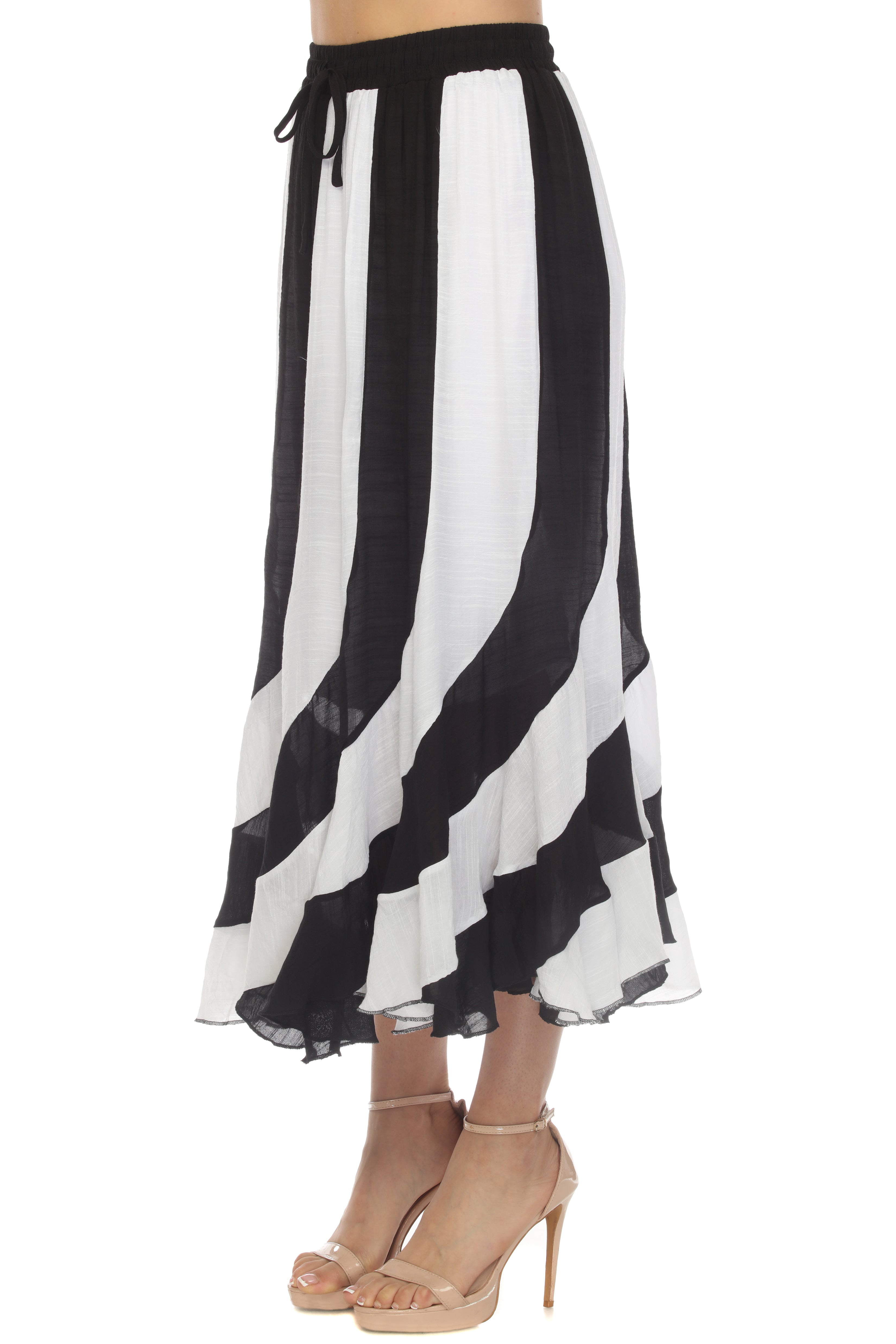 Falda larga bohemia de rayas blancas y negras con cordón ajustable en la cintura para mujer