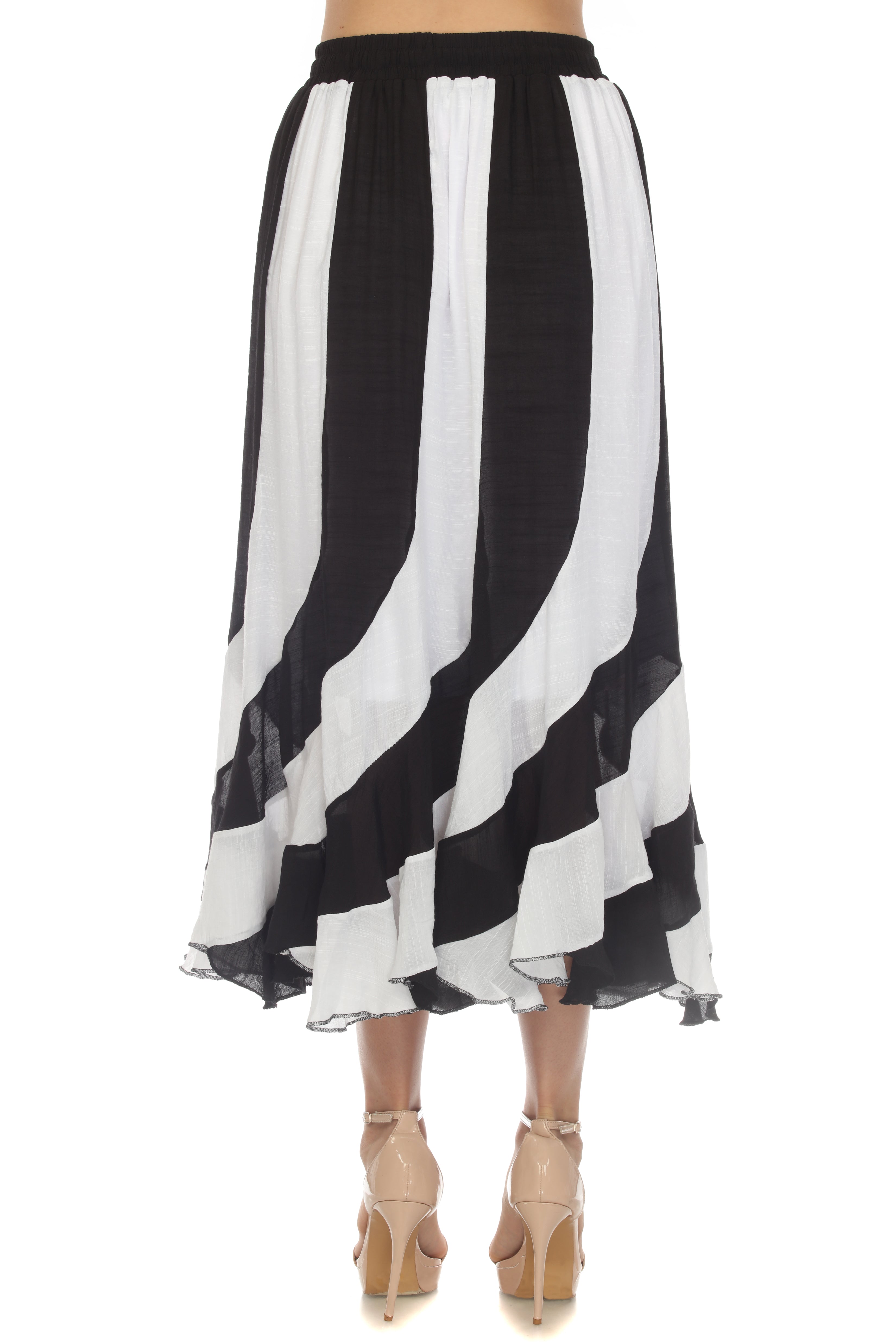 Falda larga bohemia de rayas blancas y negras con cordón ajustable en la cintura para mujer