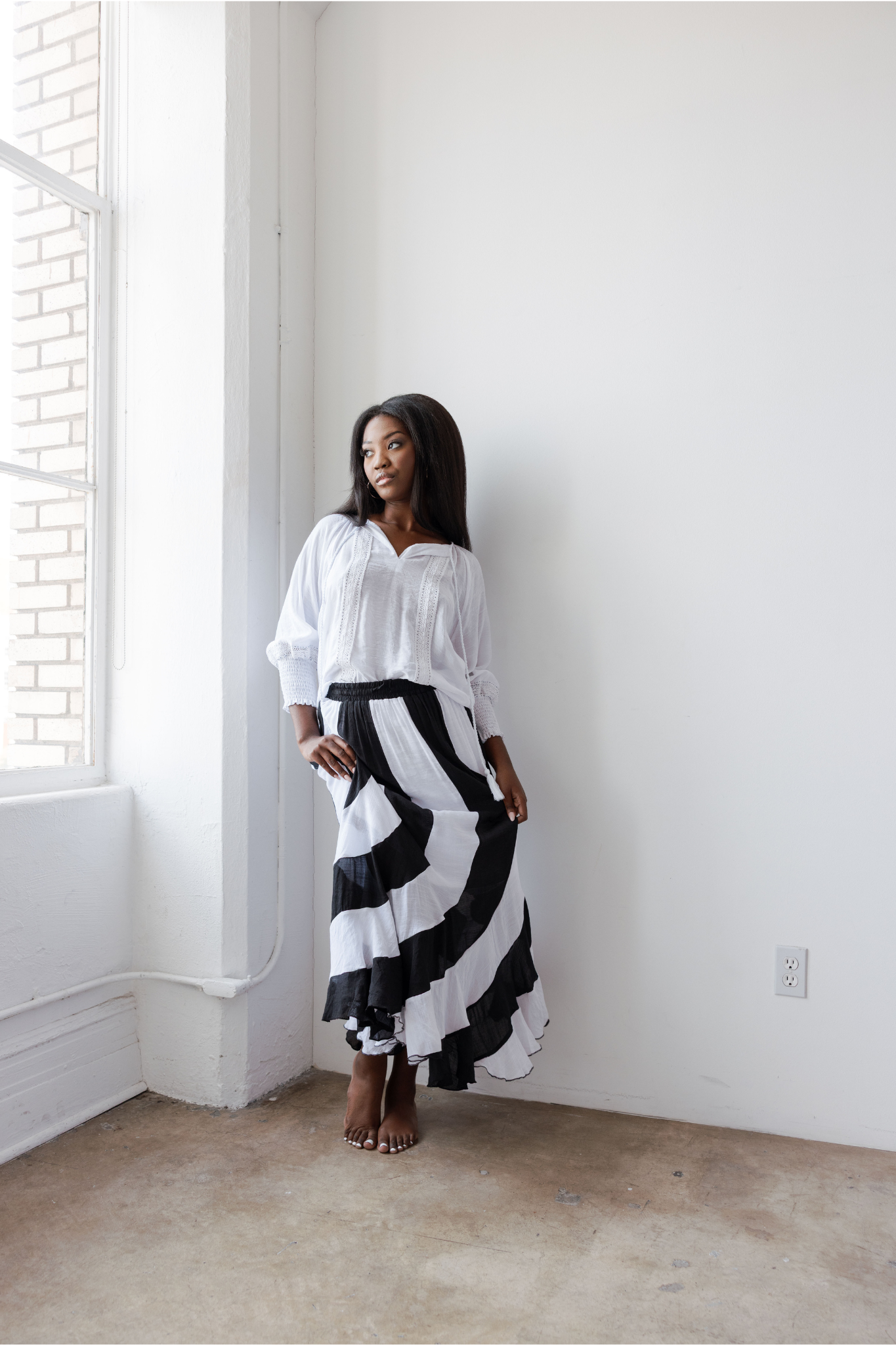 Mojito Women's Casual Resort Wear White Striped Boho Maxi Skirt with Drawstring Waist