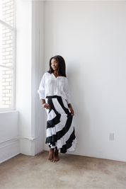 Mojito Women's Casual Resort Wear White Striped Boho Maxi Skirt with Drawstring Waist