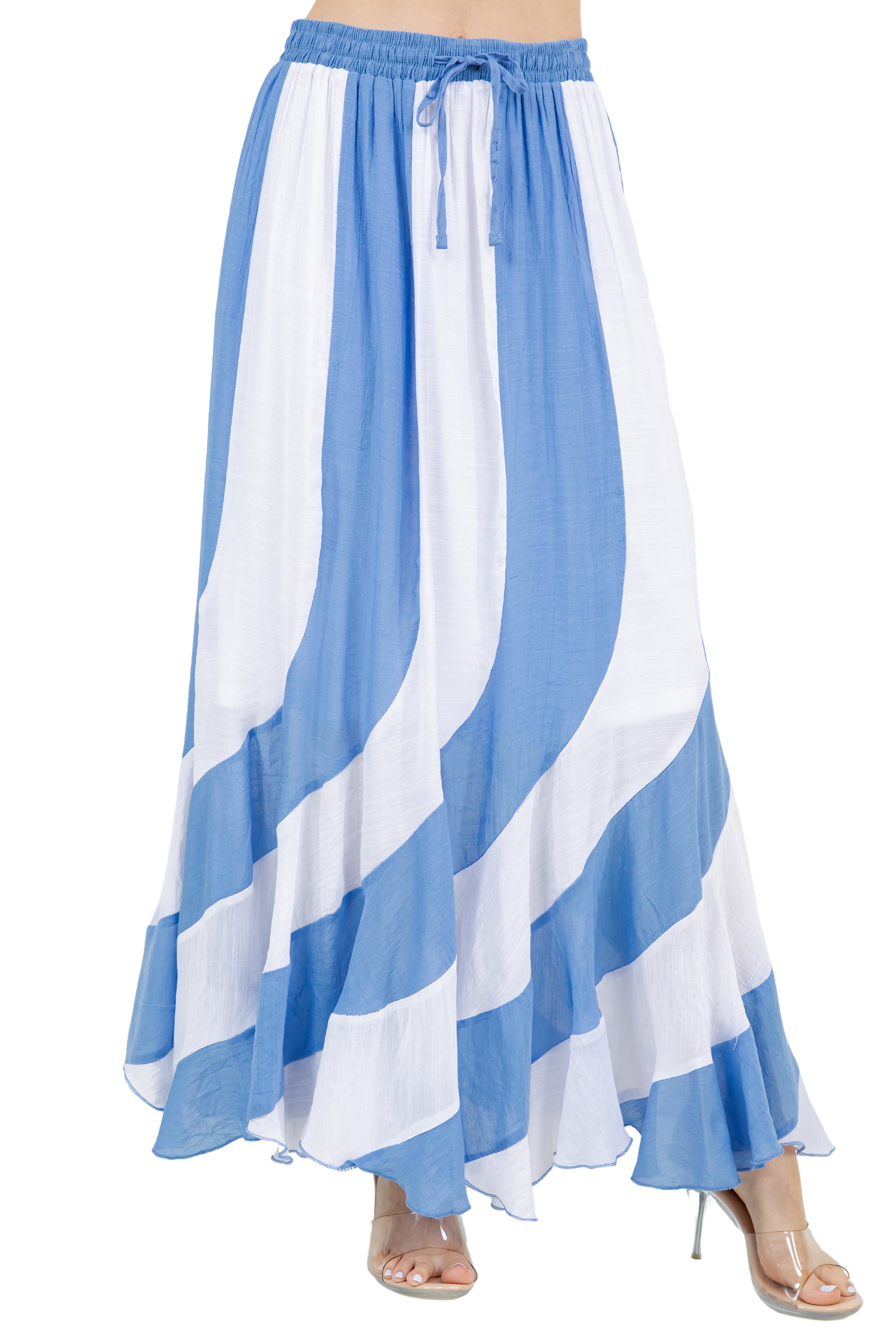 Mojito Women's Casual Resort Wear White Striped Boho Maxi Skirt with Drawstring Waist