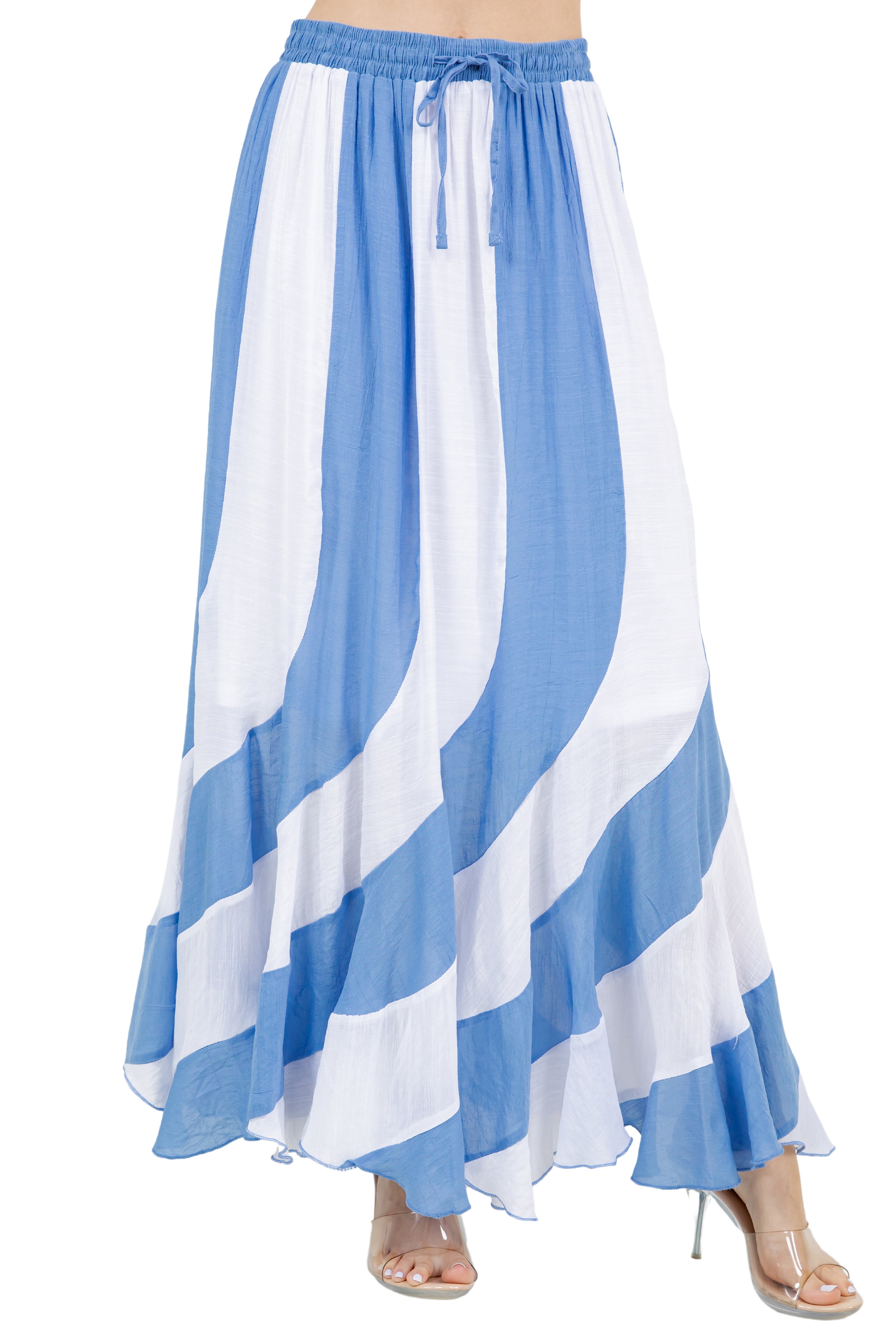 Mojito Women's Casual Resort Wear White Striped Boho Maxi Skirt with Drawstring Waist