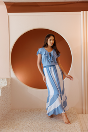 Mojito Women's Casual Resort Wear White Striped Boho Maxi Skirt with Drawstring Waist