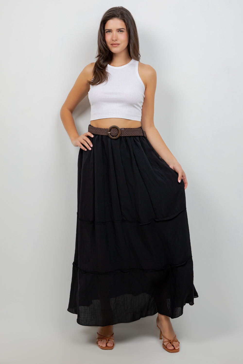 Falda larga bohemia informal de resort para mujer con cinturón