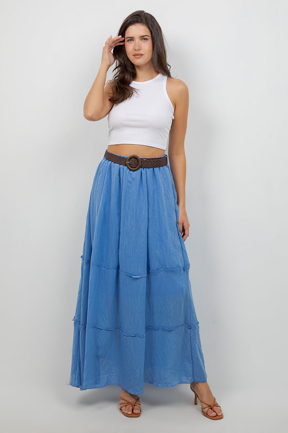 Falda larga bohemia informal de resort para mujer con cinturón