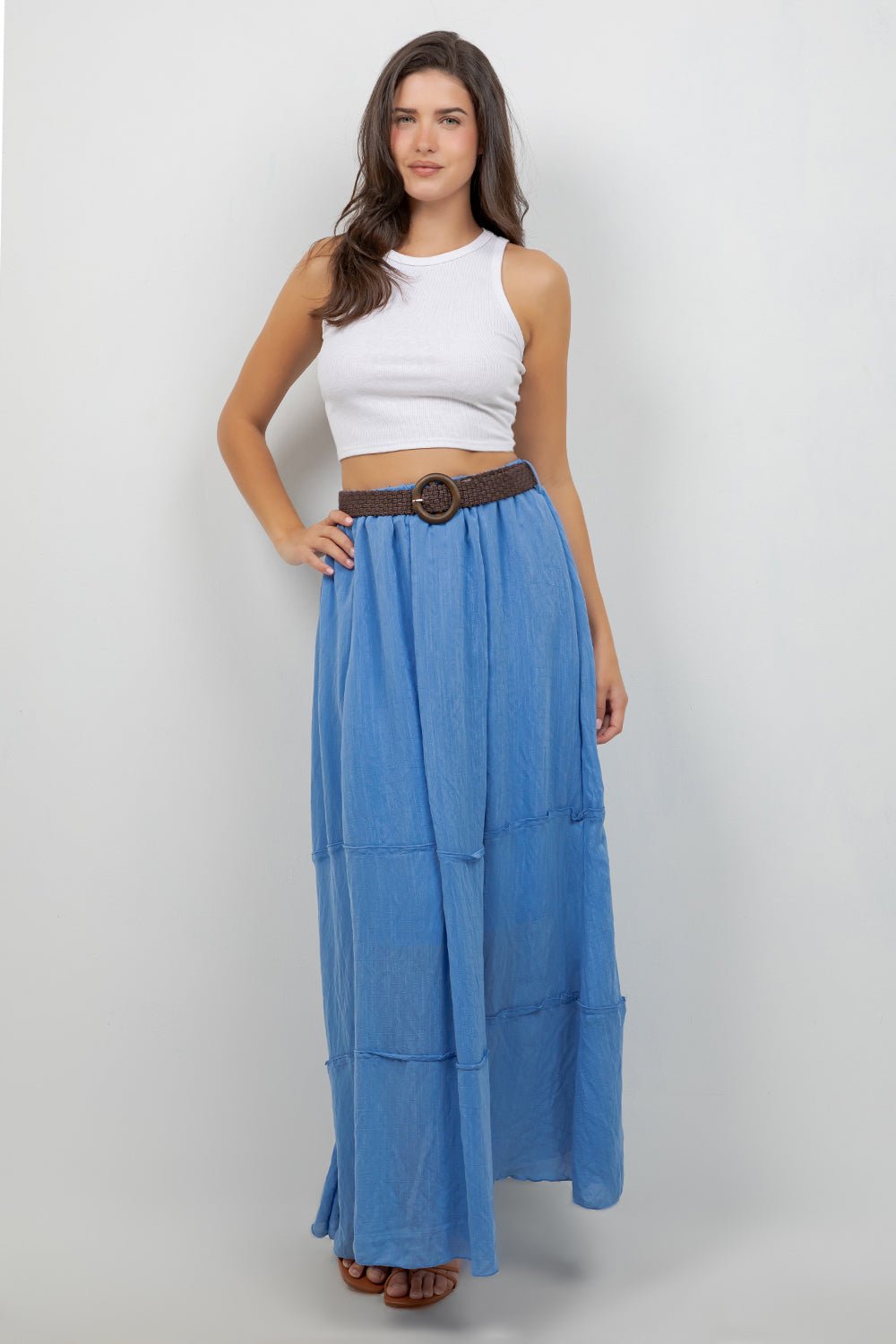 Falda larga bohemia informal de resort para mujer con cinturón