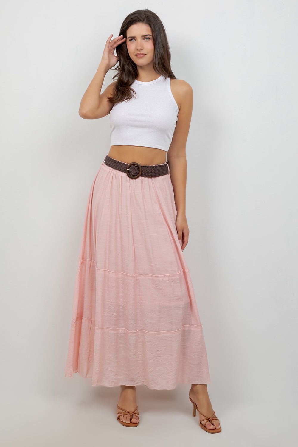 Falda larga bohemia informal de resort para mujer con cinturón