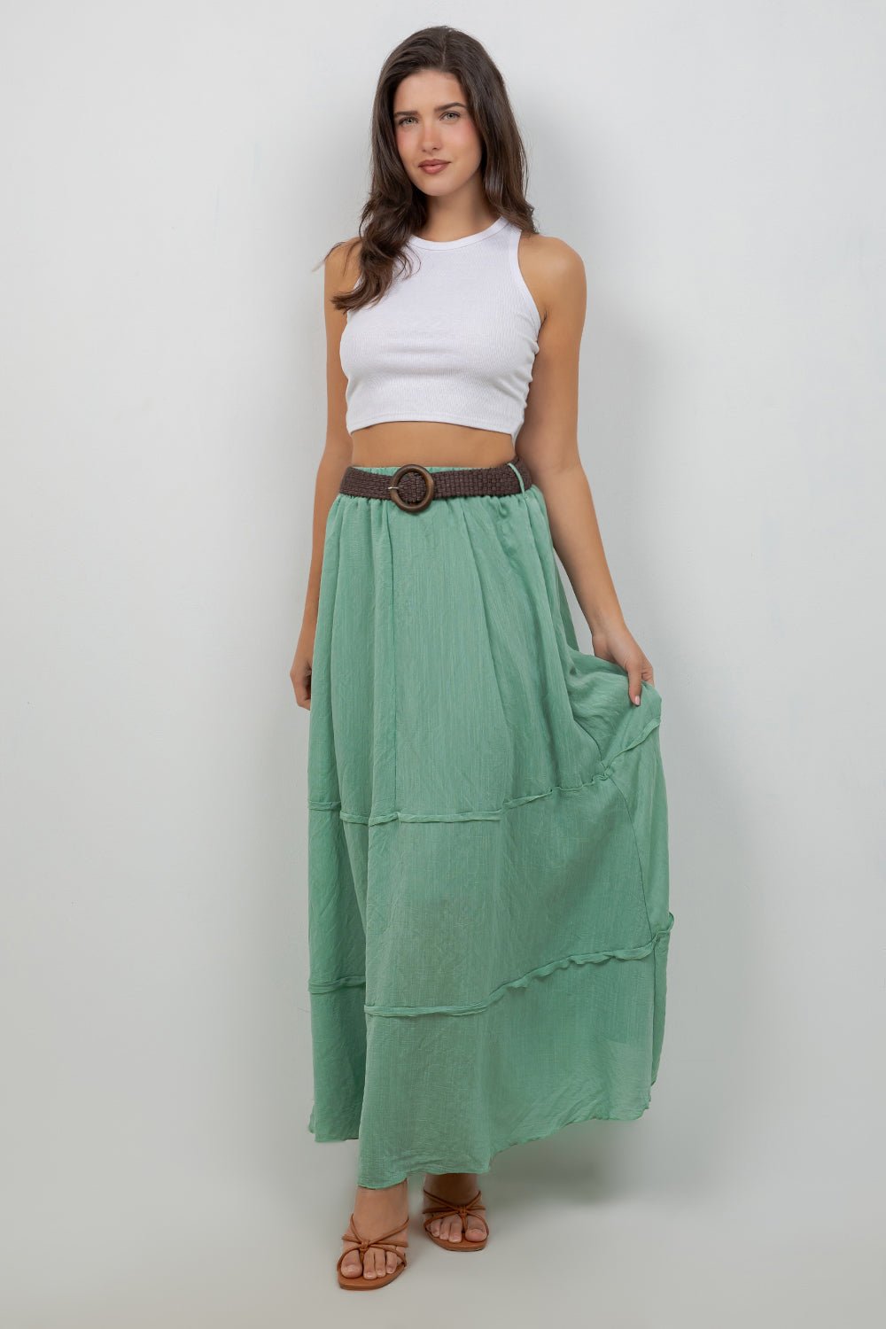 Falda larga bohemia informal de resort para mujer con cinturón