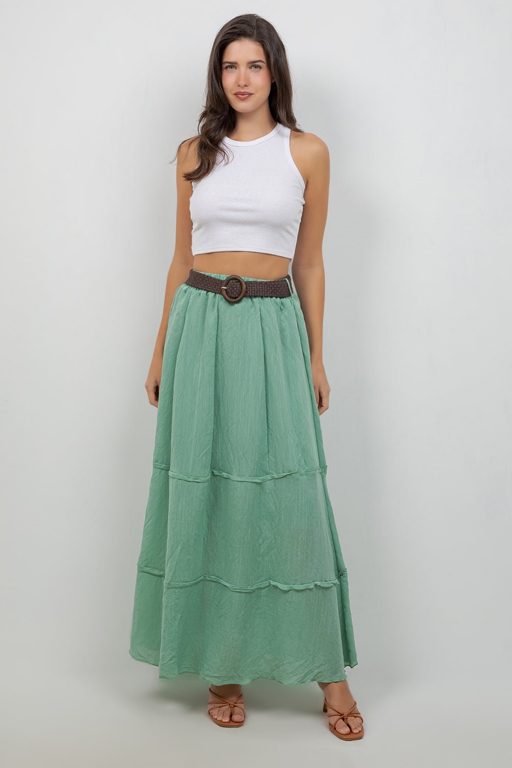 Falda larga bohemia informal de resort para mujer con cinturón
