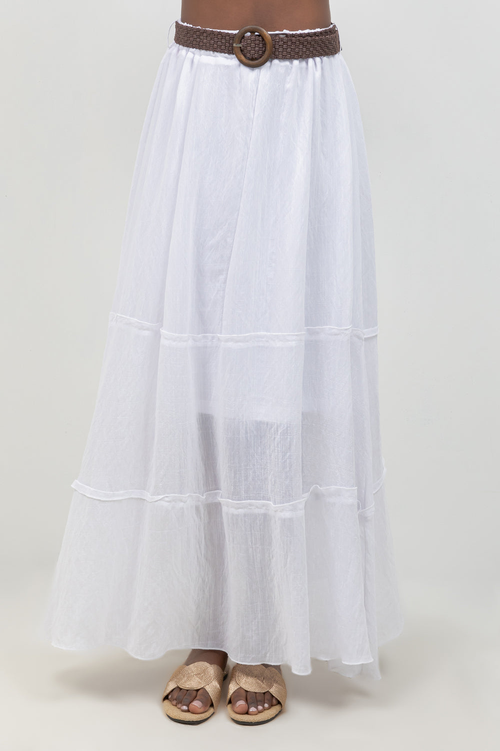 Women's white boho maxi skirt, front view, beach vacation outfit, Mojito Collection