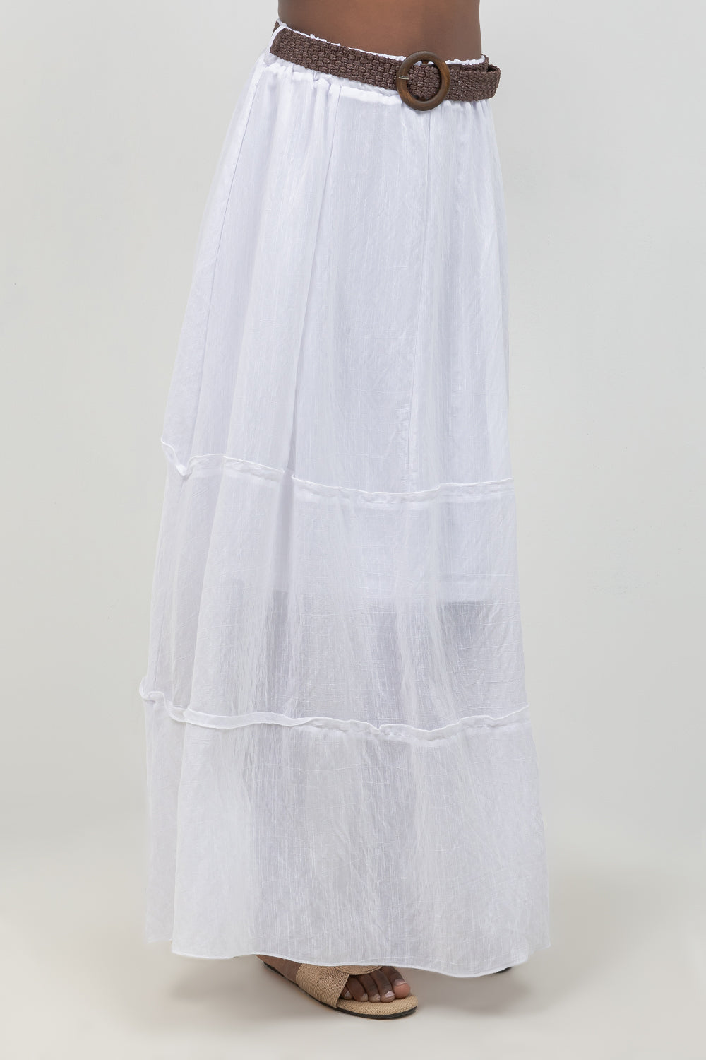 Women's white boho maxi skirt, removable woven belt, Mojito Collection