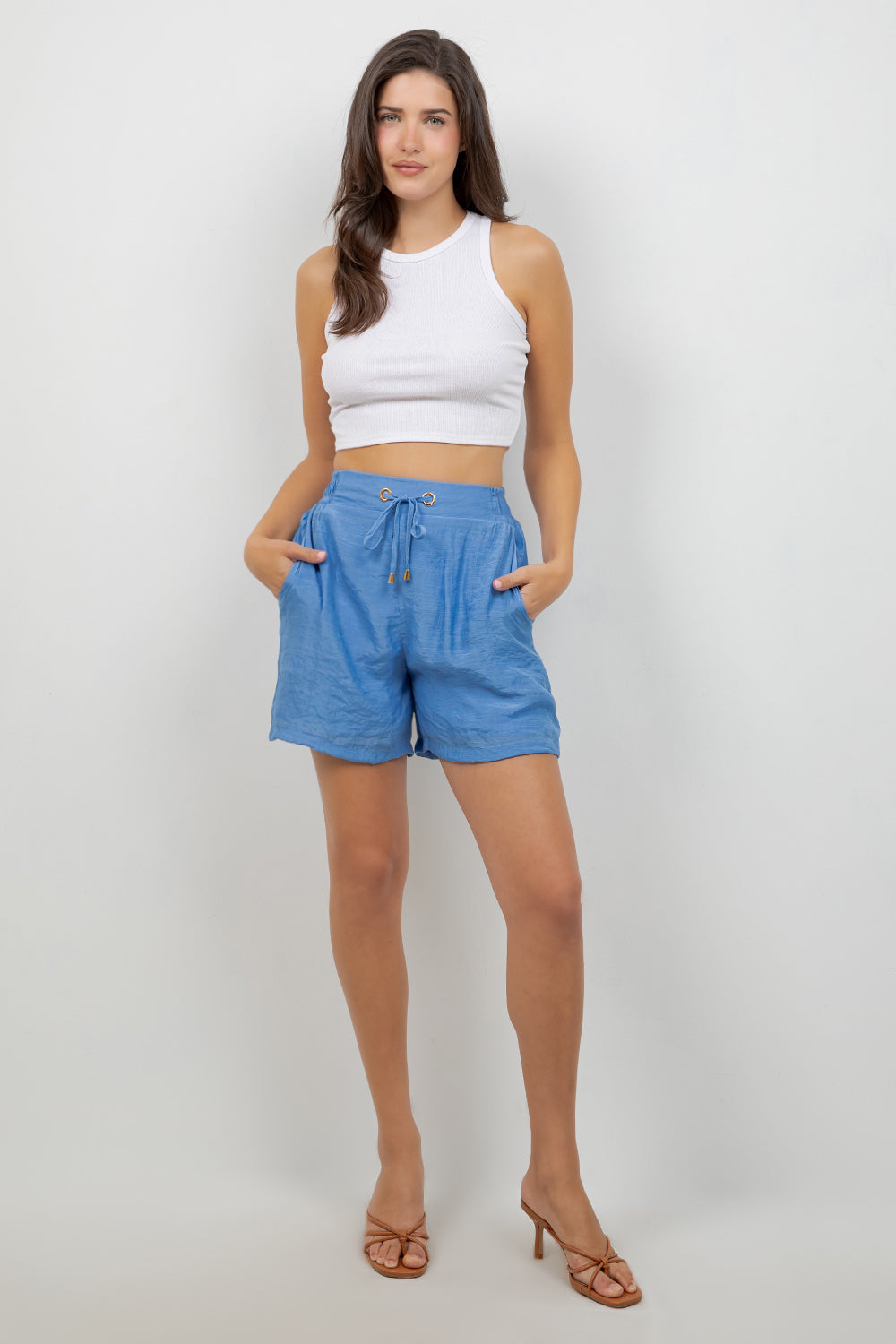 Pantalón corto casual de playa para mujer con cintura con cordón