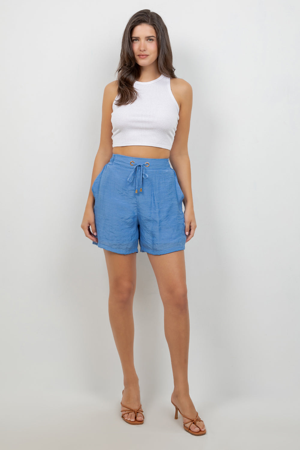 Blue Women's Casual Beach Wear Short with drawstring waist, shown from the front, waist detail.