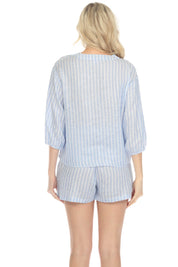 Blusa informal de lino con estampado de rayas y cuello en V, manga 3/4, para mujer