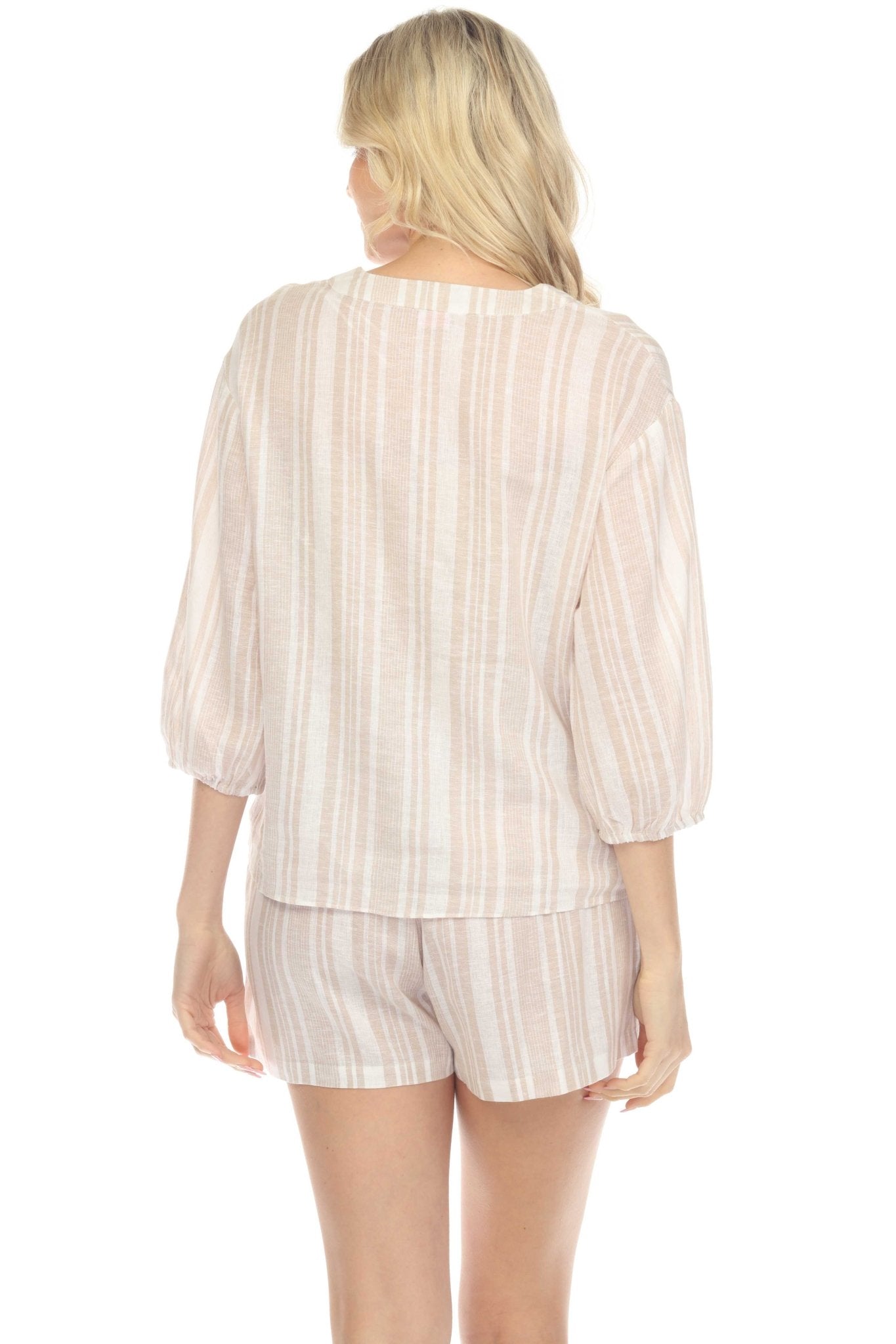 Blusa informal de lino con estampado de rayas y cuello en V, manga 3/4, para mujer