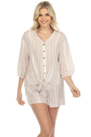 Blusa informal de lino con estampado de rayas y cuello en V, manga 3/4, para mujer