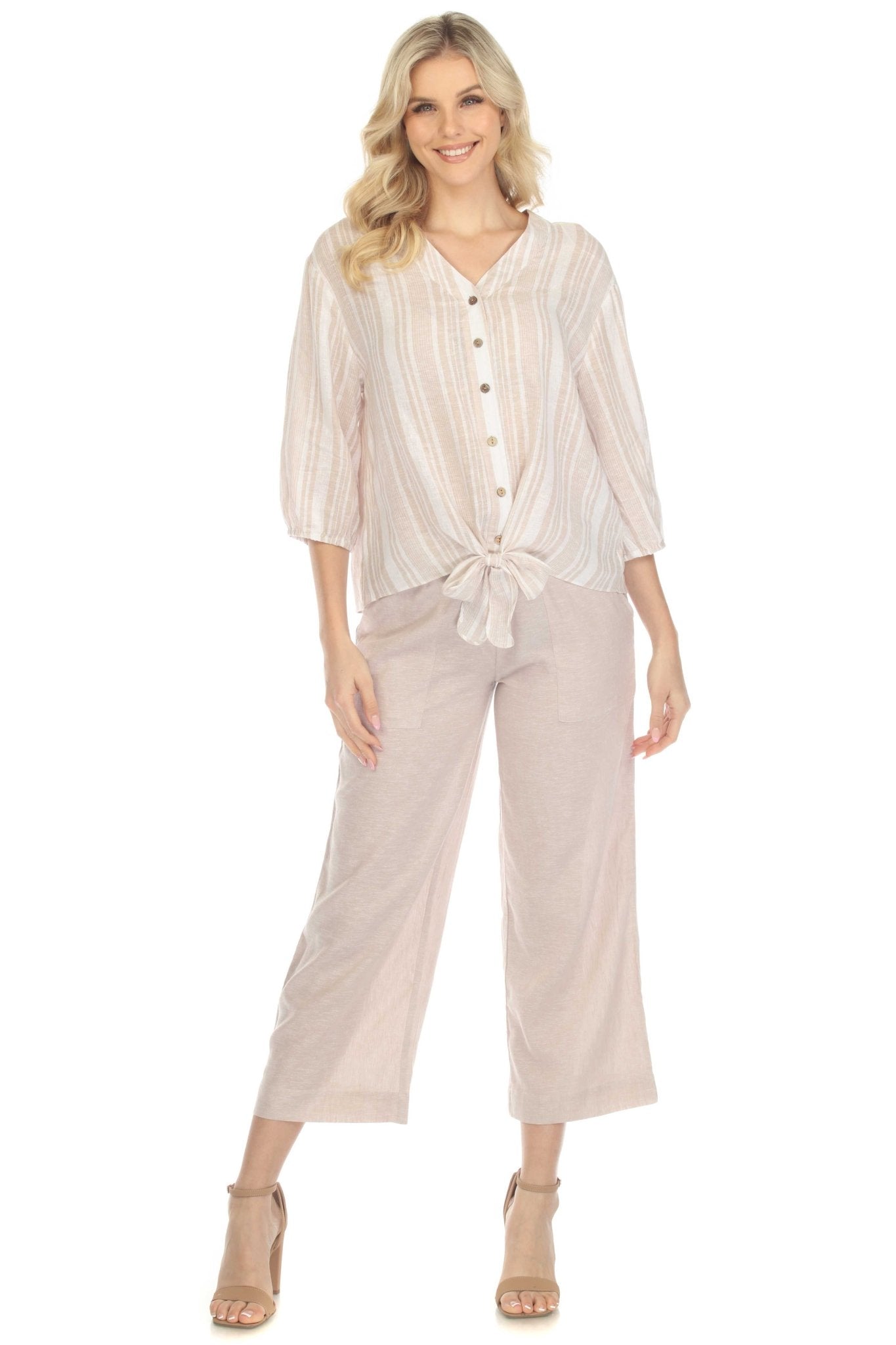 Blusa informal de lino con estampado de rayas y cuello en V, manga 3/4, para mujer