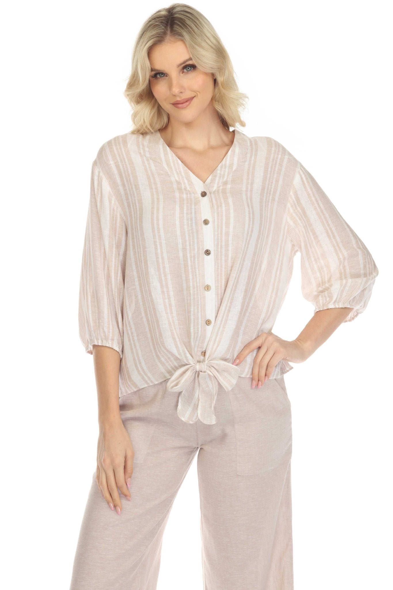 Blusa informal de lino con estampado de rayas y cuello en V, manga 3/4, para mujer