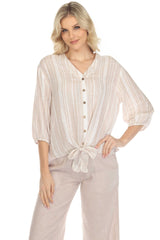 Blusa informal de lino con estampado de rayas y cuello en V, manga 3/4, para mujer