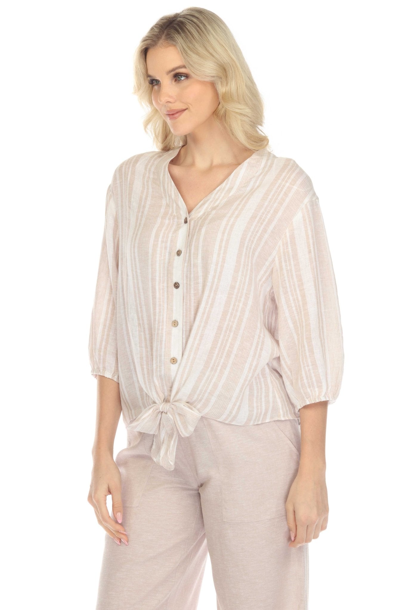 Blusa informal de lino con estampado de rayas y cuello en V, manga 3/4, para mujer