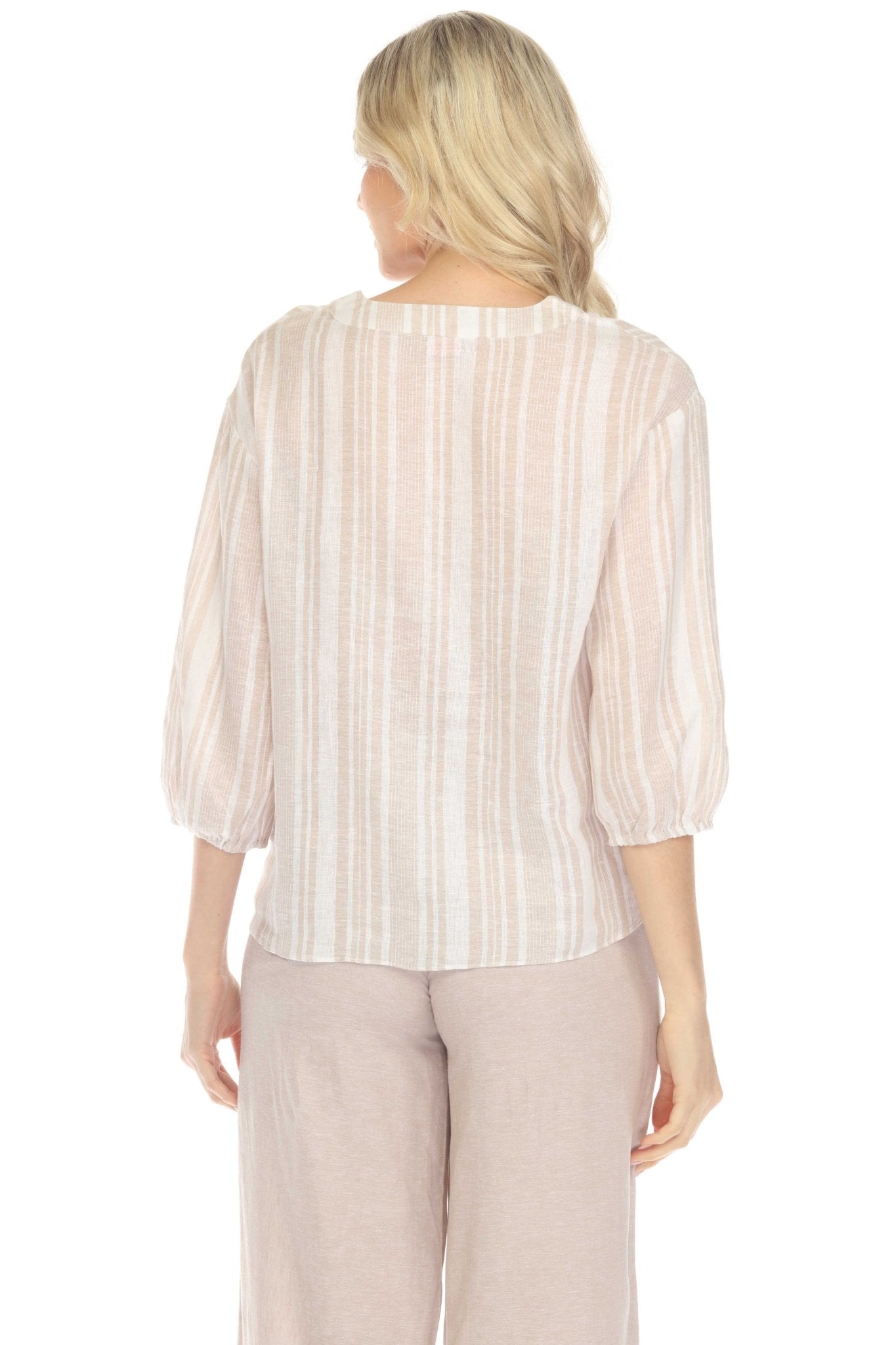 Blusa informal de lino con estampado de rayas y cuello en V, manga 3/4, para mujer