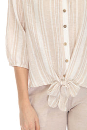 Blusa informal de lino con estampado de rayas y cuello en V, manga 3/4, para mujer