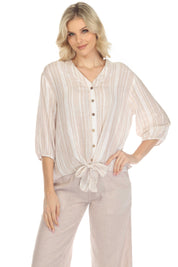 Blusa informal de lino con estampado de rayas y cuello en V, manga 3/4, para mujer