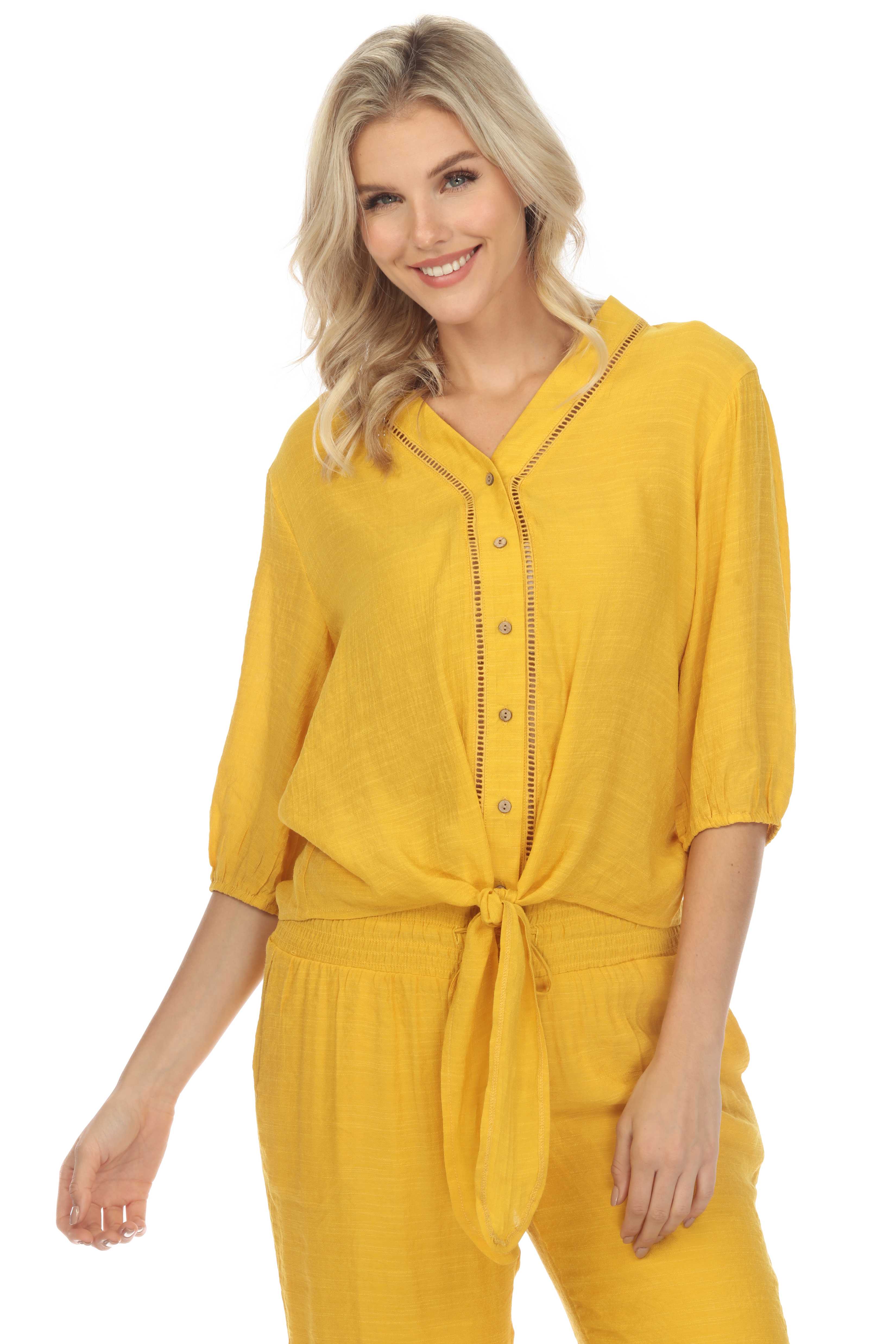 Túnica informal de verano para mujer, con cuello en V, botones, ribete recortado, mangas ¾ y dobladillo con lazo