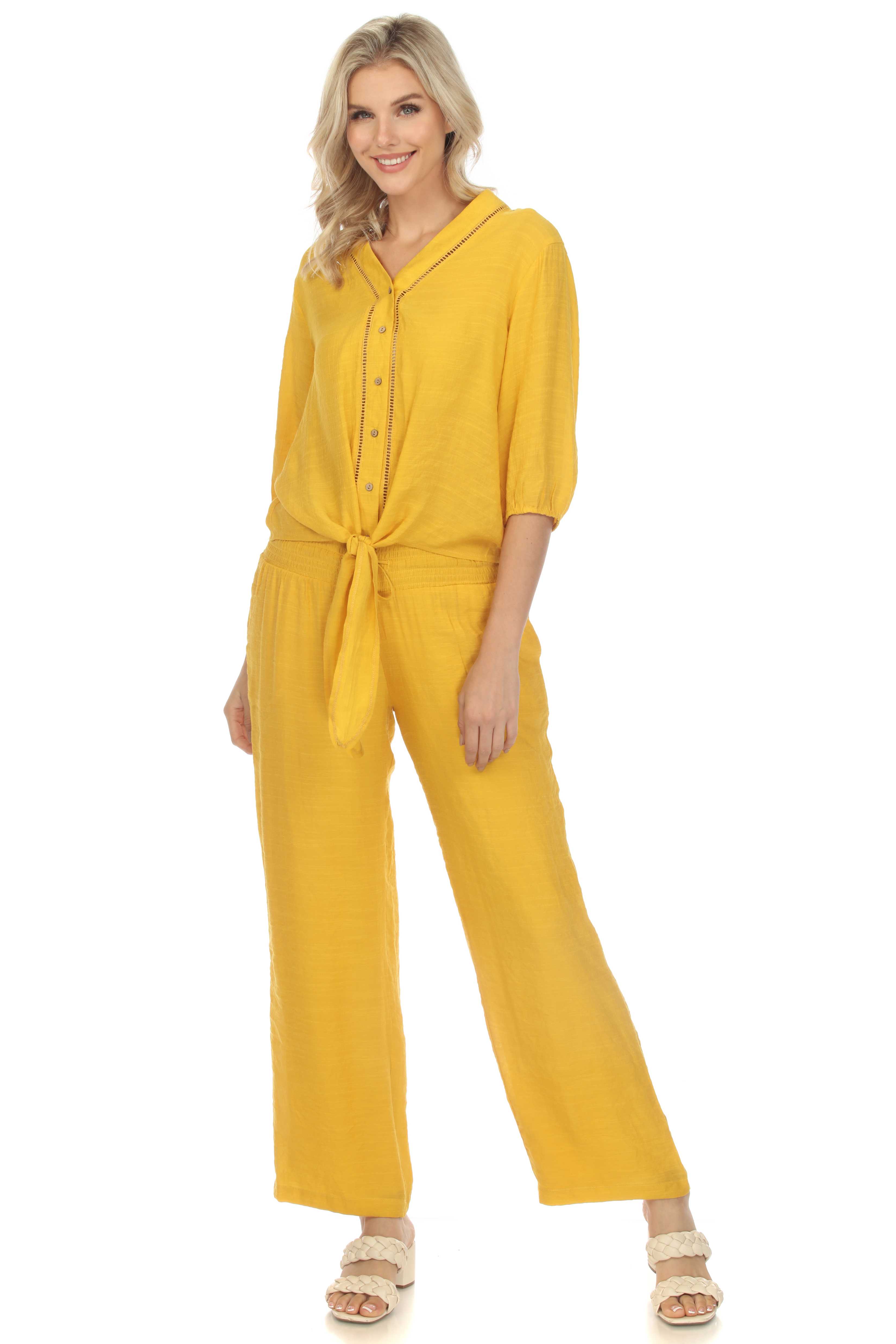 Túnica informal de verano para mujer, con cuello en V, botones, ribete recortado, mangas ¾ y dobladillo con lazo