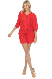 Túnica informal de verano para mujer, con cuello en V, botones, ribete recortado, mangas ¾ y dobladillo con lazo
