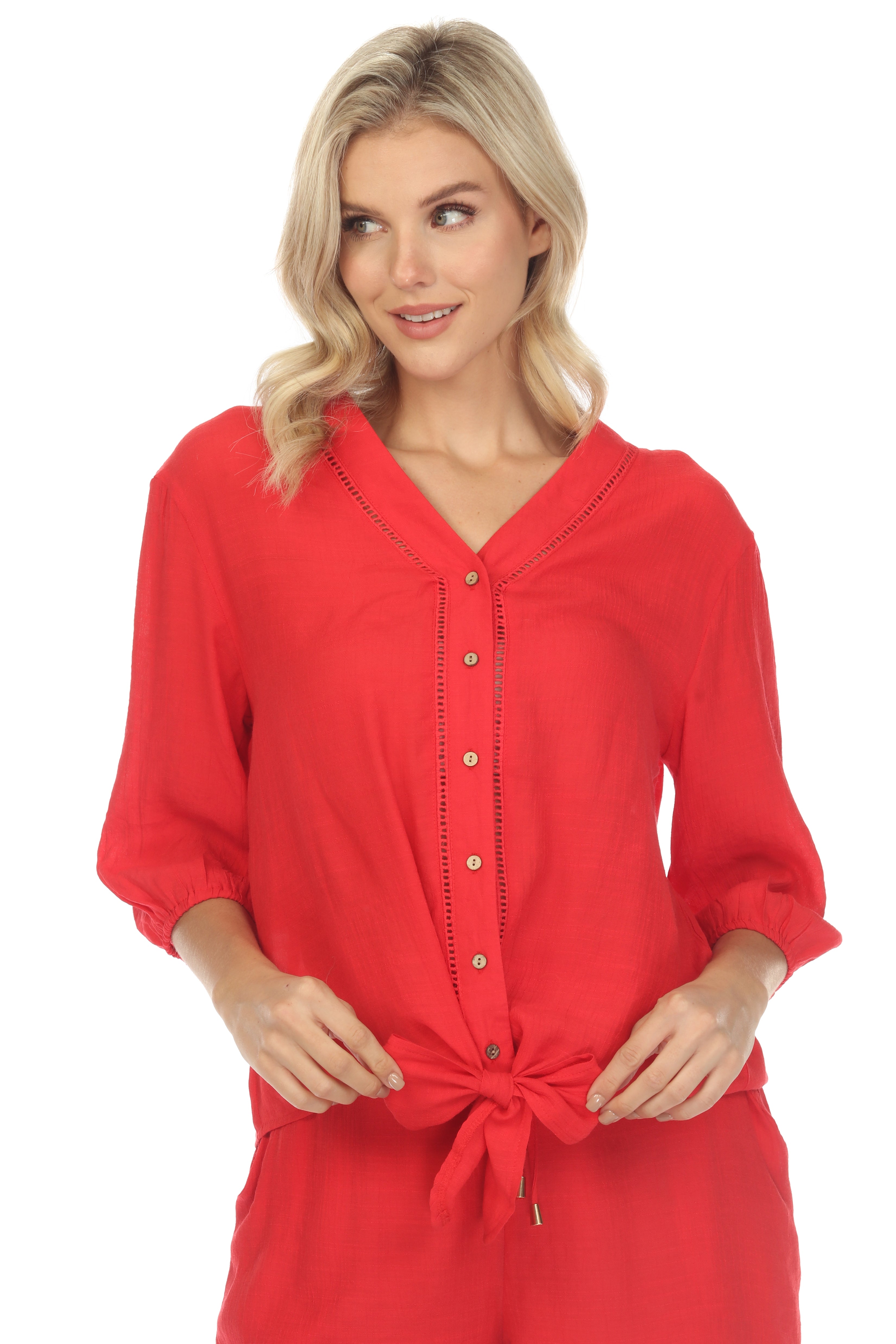 Túnica informal de verano para mujer, con cuello en V, botones, ribete recortado, mangas ¾ y dobladillo con lazo