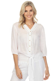 Túnica informal de verano para mujer, con cuello en V, botones, ribete recortado, mangas ¾ y dobladillo con lazo