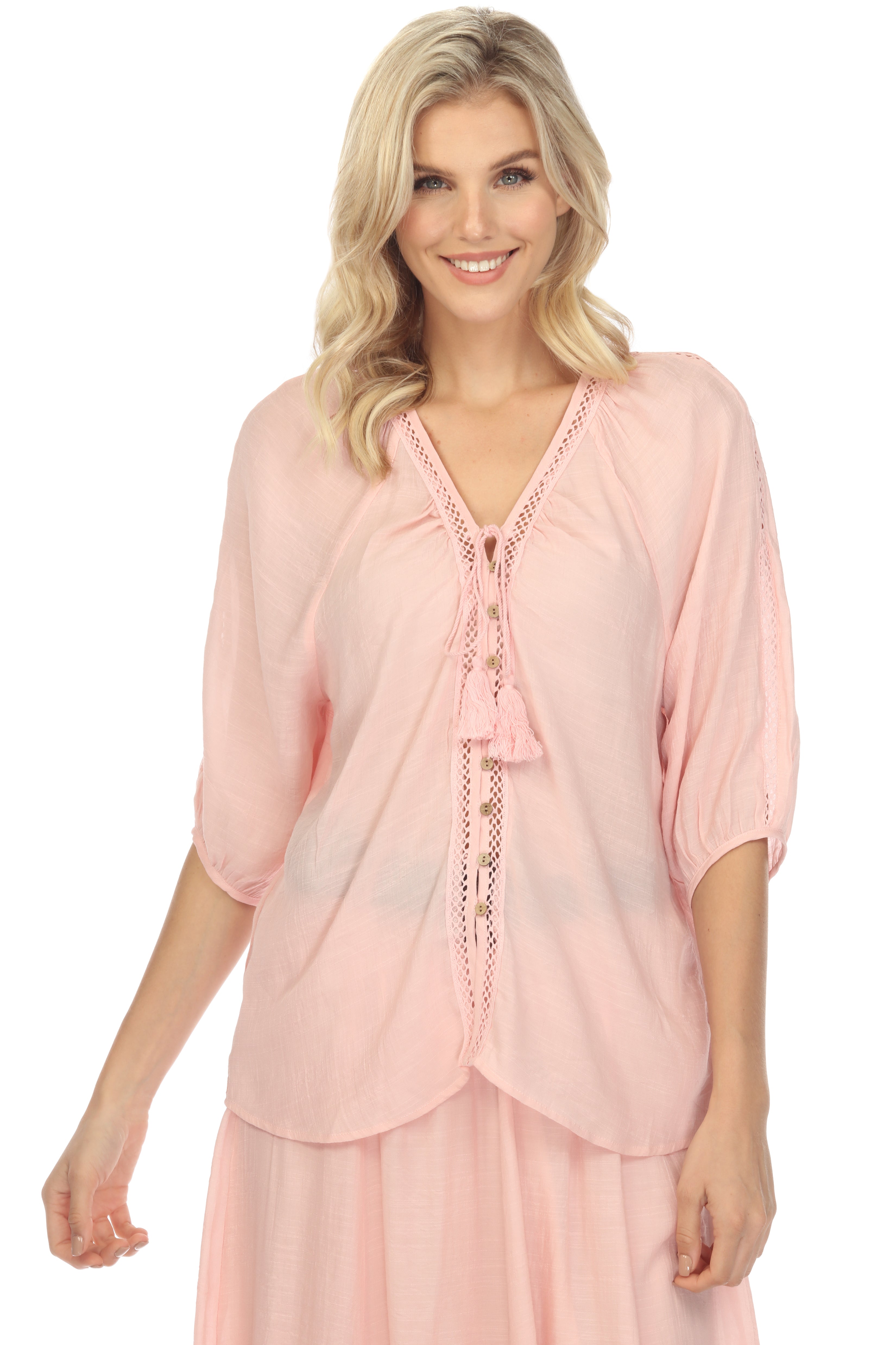 Túnica informal de verano para mujer, con cuello en V, botones, ribetes recortados, mangas ¾ y cordón ajustable con borlas