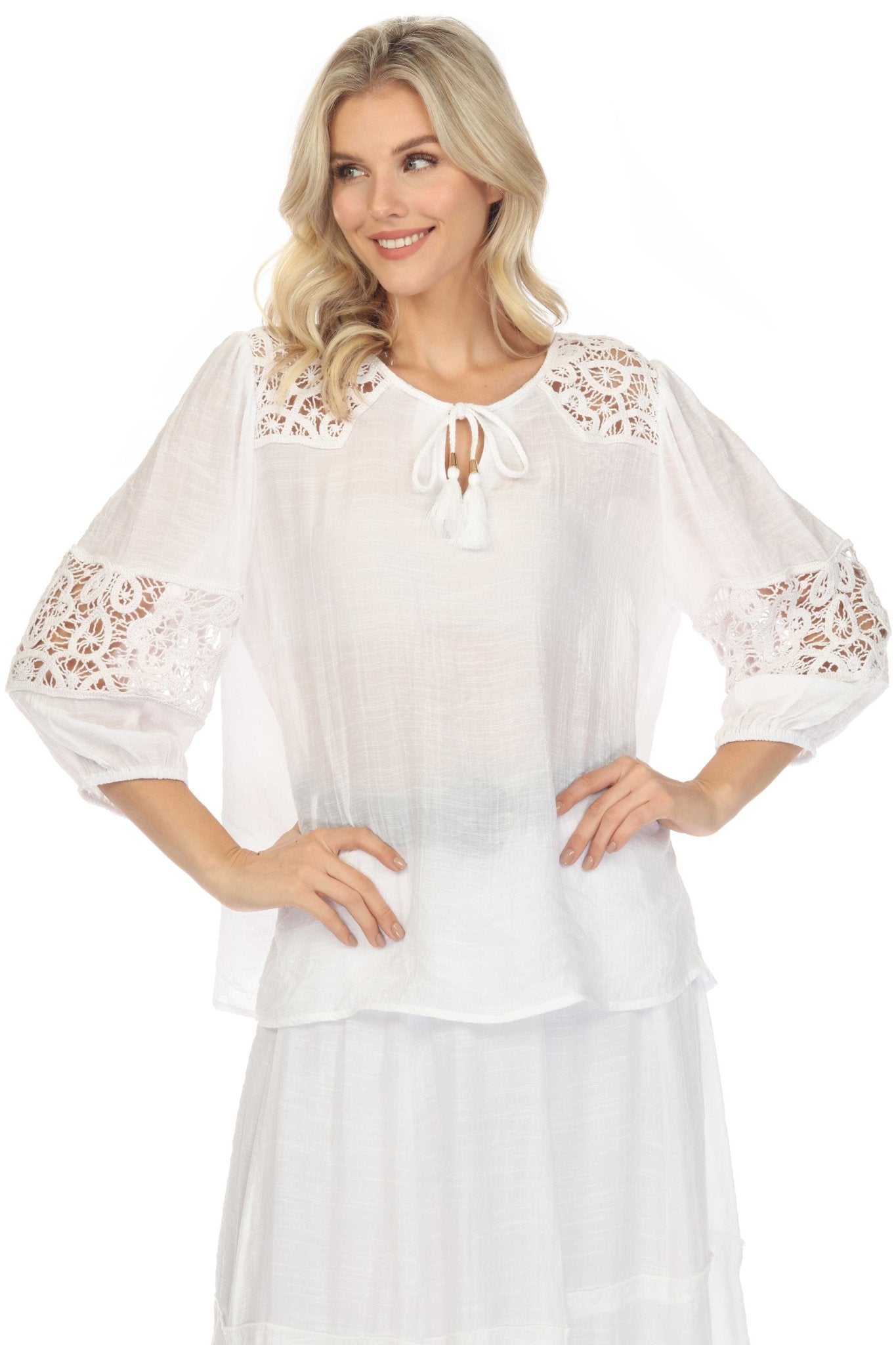 Women's Scoop Neck Crochet Trim ¾ Sleeve Tunic Top with Tassel Drawstring