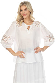 Túnica informal de verano para mujer con cuello redondo, ribete de crochet, mangas ¾ y cordón con borlas