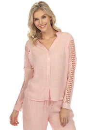 Blusa informal de manga larga con cuello en V y ribete de crochet para mujer