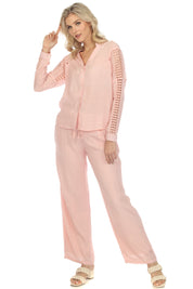 Blusa informal de manga larga con cuello en V y ribete de crochet para mujer