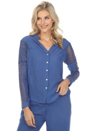 Blusa informal de manga larga con cuello en V y ribete de crochet para mujer