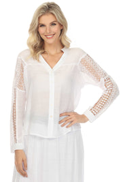 Blusa informal de manga larga con cuello en V y ribete de crochet para mujer