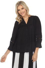Blusa informal de mujer con cuello en V, botones y ribete de crochet, manga 3/4, para resort