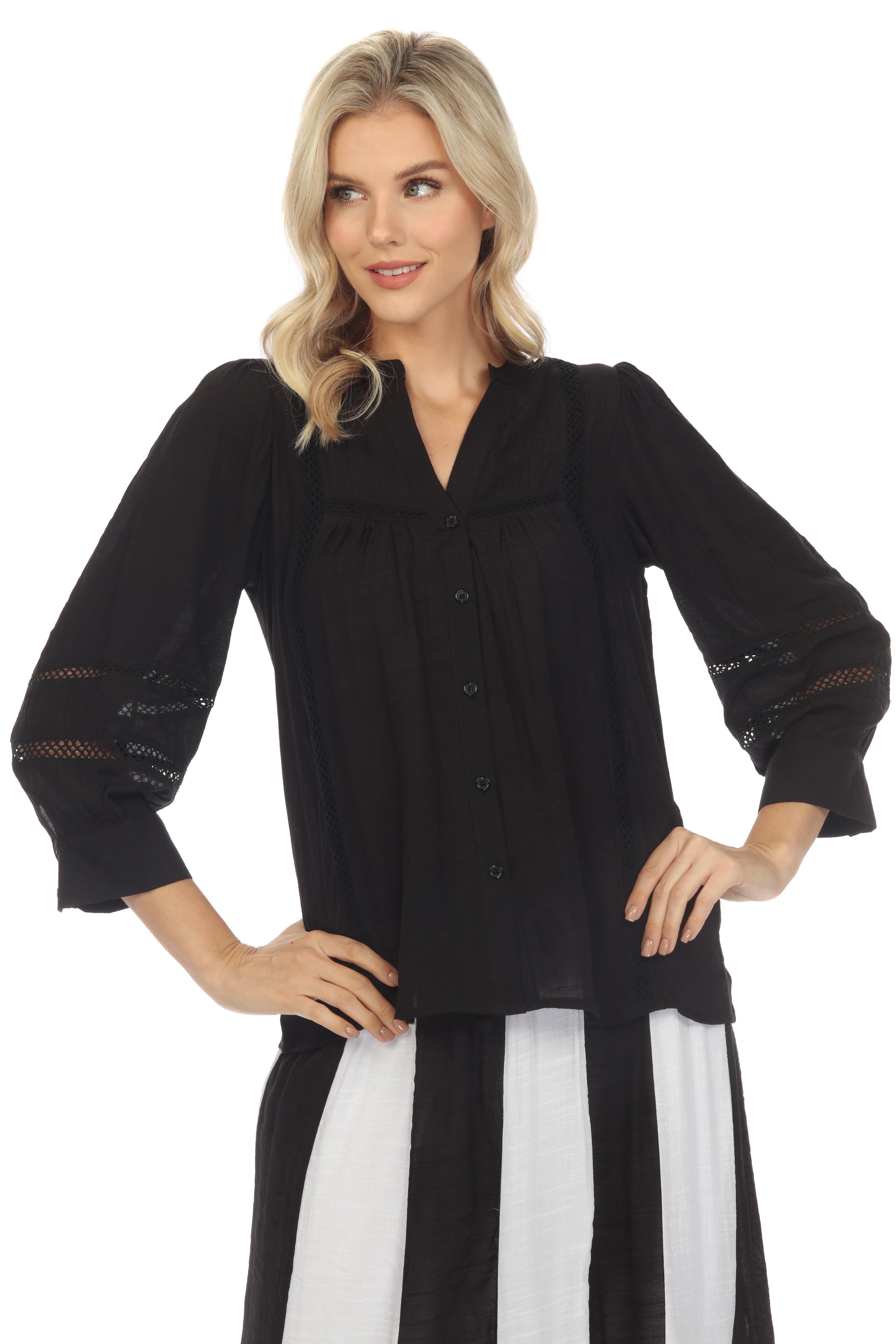 Blusa informal de mujer con cuello en V, botones y ribete de crochet, manga 3/4, para resort