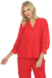 Blusa informal de mujer con cuello en V, botones y ribete de crochet, manga 3/4, para resort